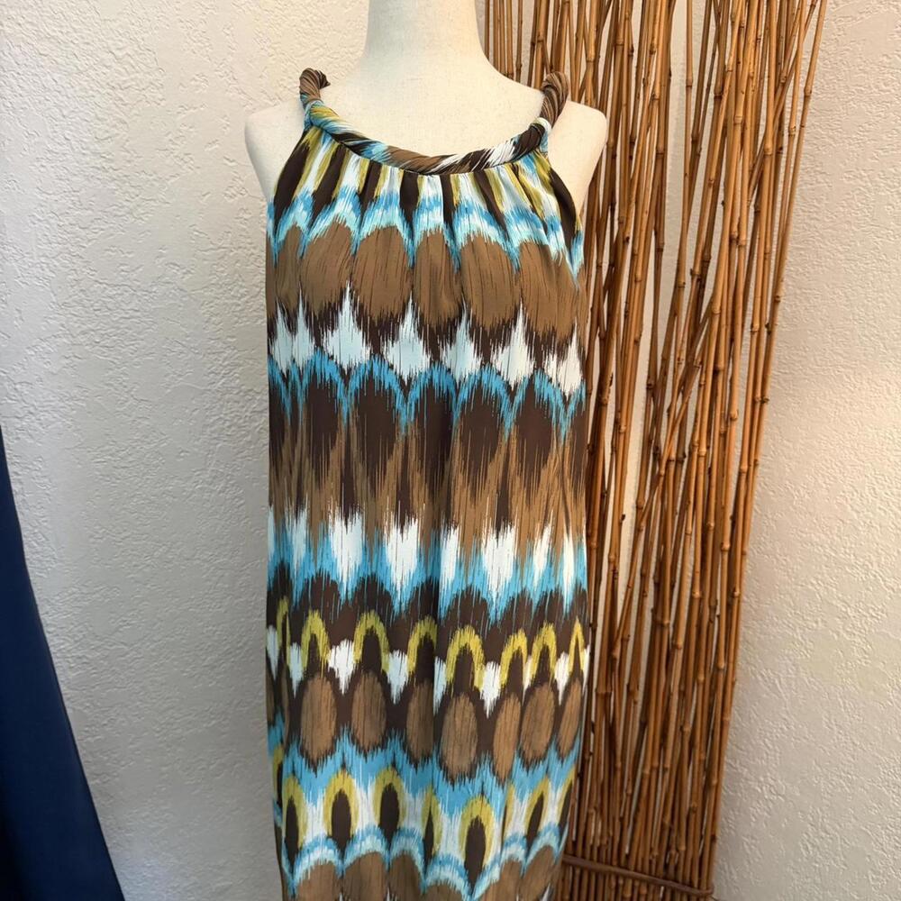 Banana Republic Brown and blue halter neck dress with optional tie belt #dresses